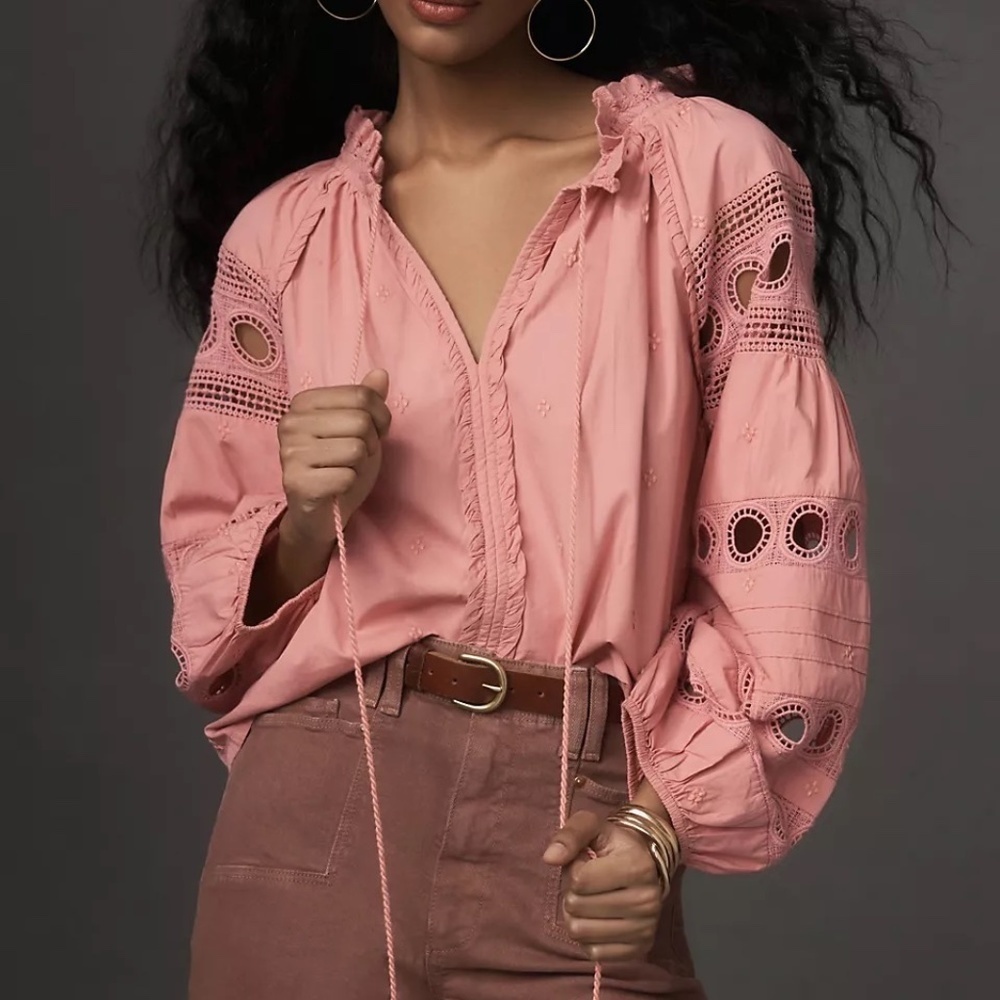 NWT Anthropologie Pink Forever that Girl Pink V-Neck Peasant Top M